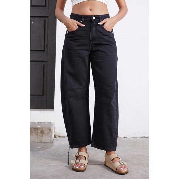Women’s Baggy Wide Leg Mid Rise Cropped Denim Jeans with Pockets - Picture 4 of 7